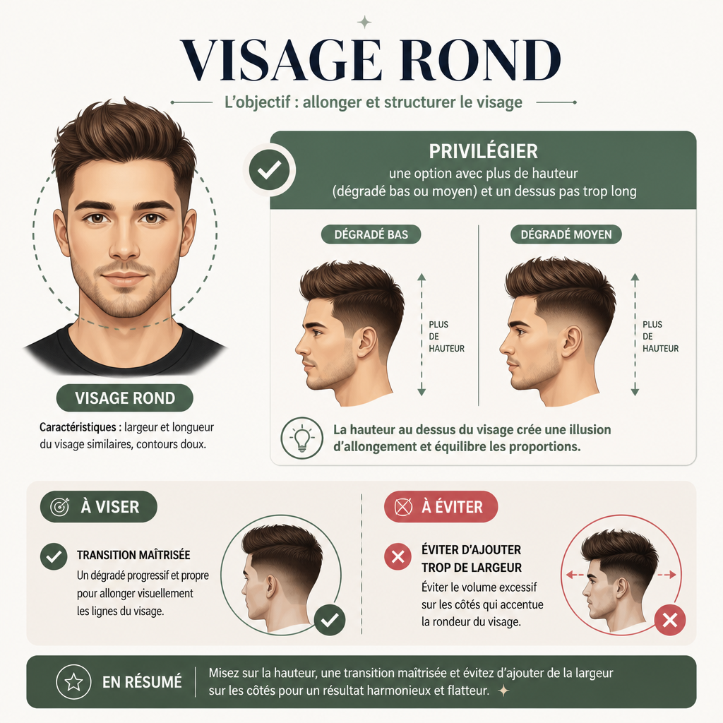 Conseils de coupe pour visage rond (hauteur et longueur du dessus)