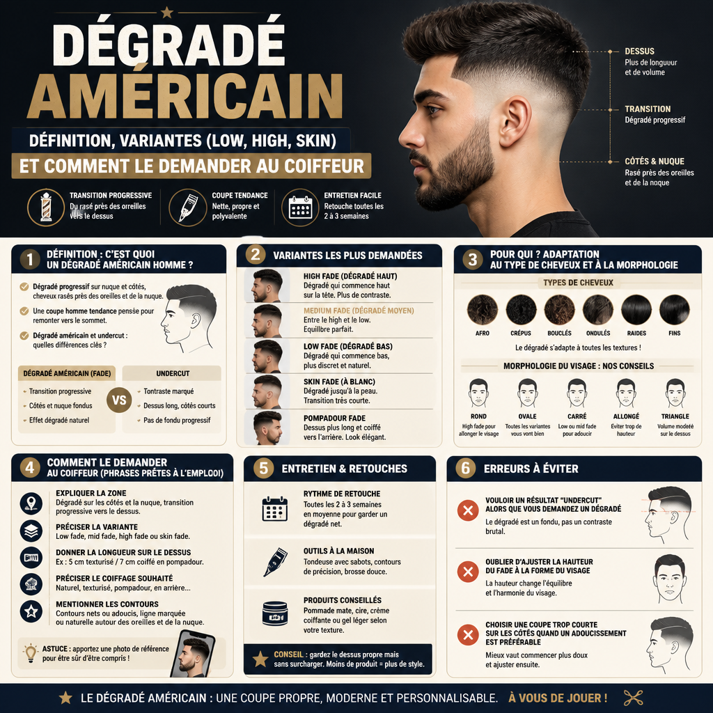 Dégradé américain : définition, variantes (low, high, skin) et comment le demander au coiffeur + (infograph)