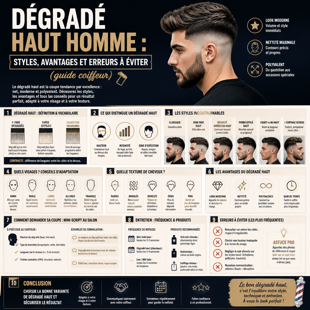 Dégradé haut homme : styles, avantages et erreurs à éviter (guide coiffeur) + (infograph)