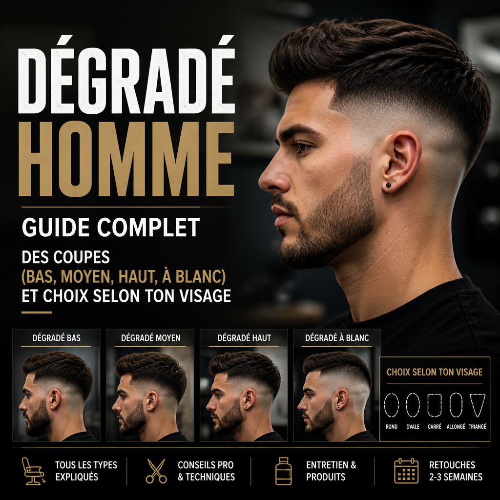Dégradé homme : guide complet des coupes (bas, moyen, haut, à blanc) et choix selon ton visage + (banner)