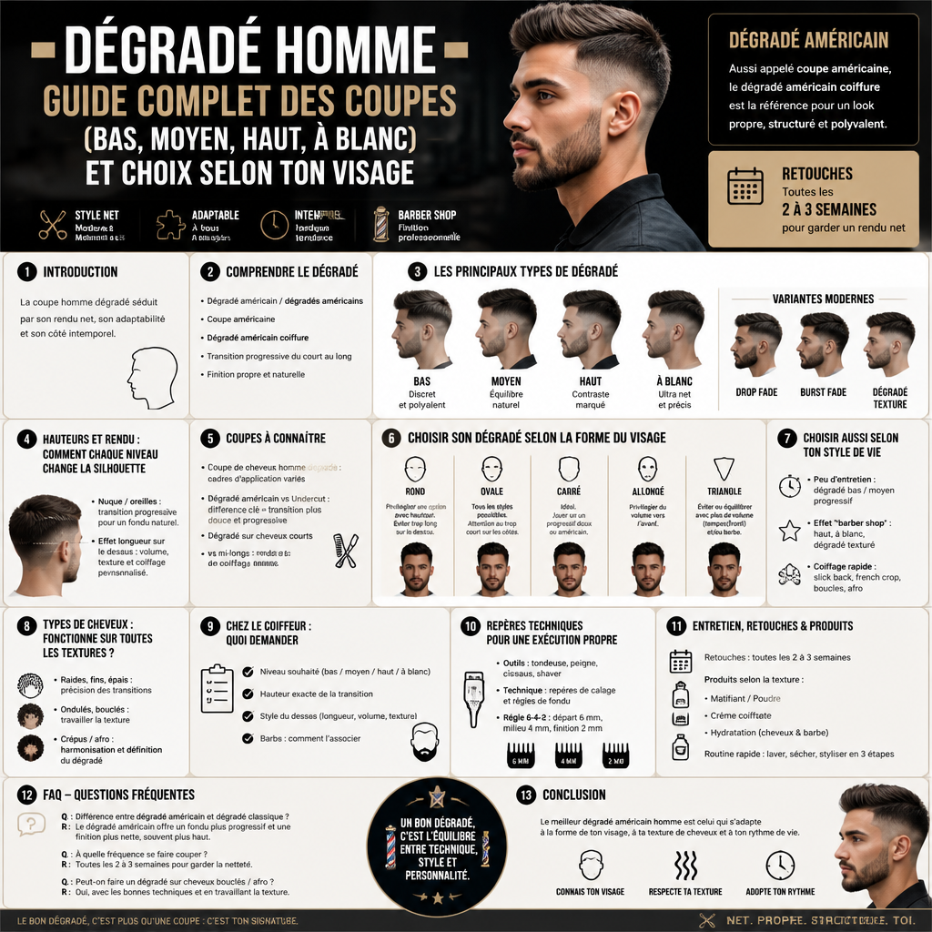 Dégradé homme : guide complet des coupes (bas, moyen, haut, à blanc) et choix selon ton visage + (infograph)