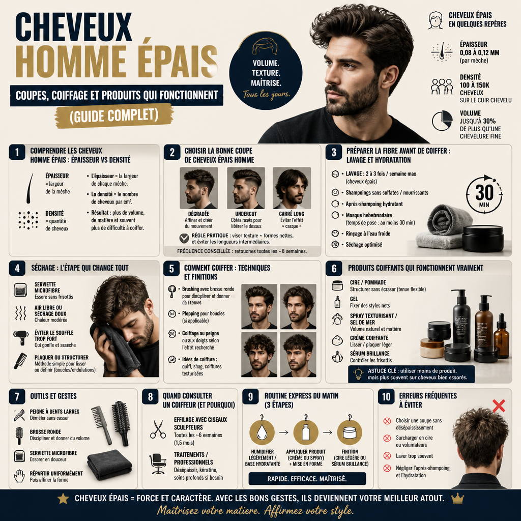Infographie - Cheveux homme épais : coupes, coiffage et produits qui fonctionnent
