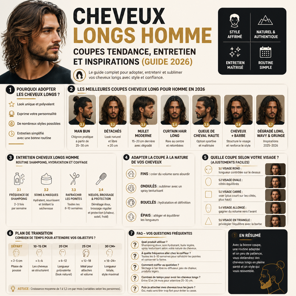 Cheveux longs homme : coupes tendance, entretien et inspirations (guide 2026) + (infograph)