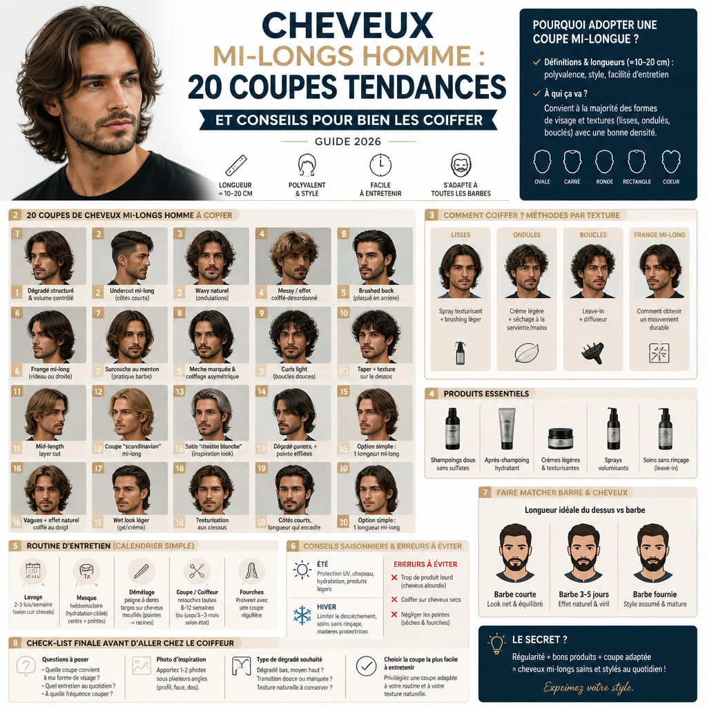 Cheveux mi-longs homme : 20 coupes tendances et conseils pour bien les coiffer (guide 2026) + (infograph)