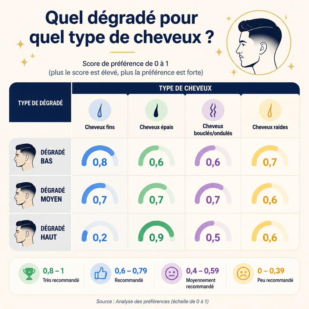 Choix de hauteur du dégradé selon le type de cheveux (risque/compatibilité)