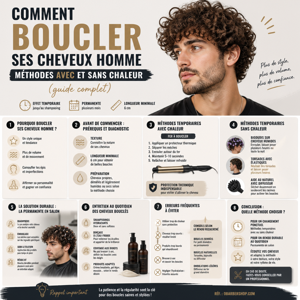 Comment boucler ses cheveux homme : méthodes avec et sans chaleur (guide complet) + (infograph)