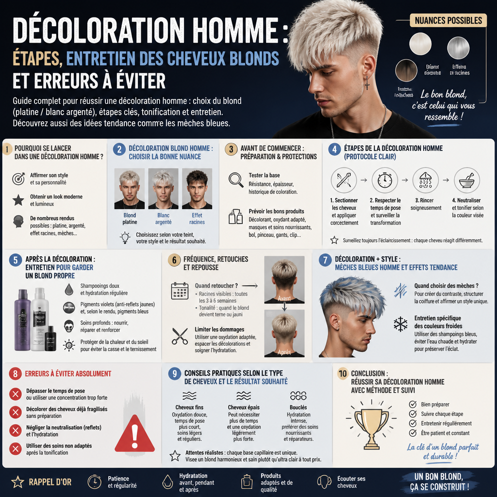 Décoloration homme : étapes, entretien des cheveux blonds et erreurs à éviter + (infograph)