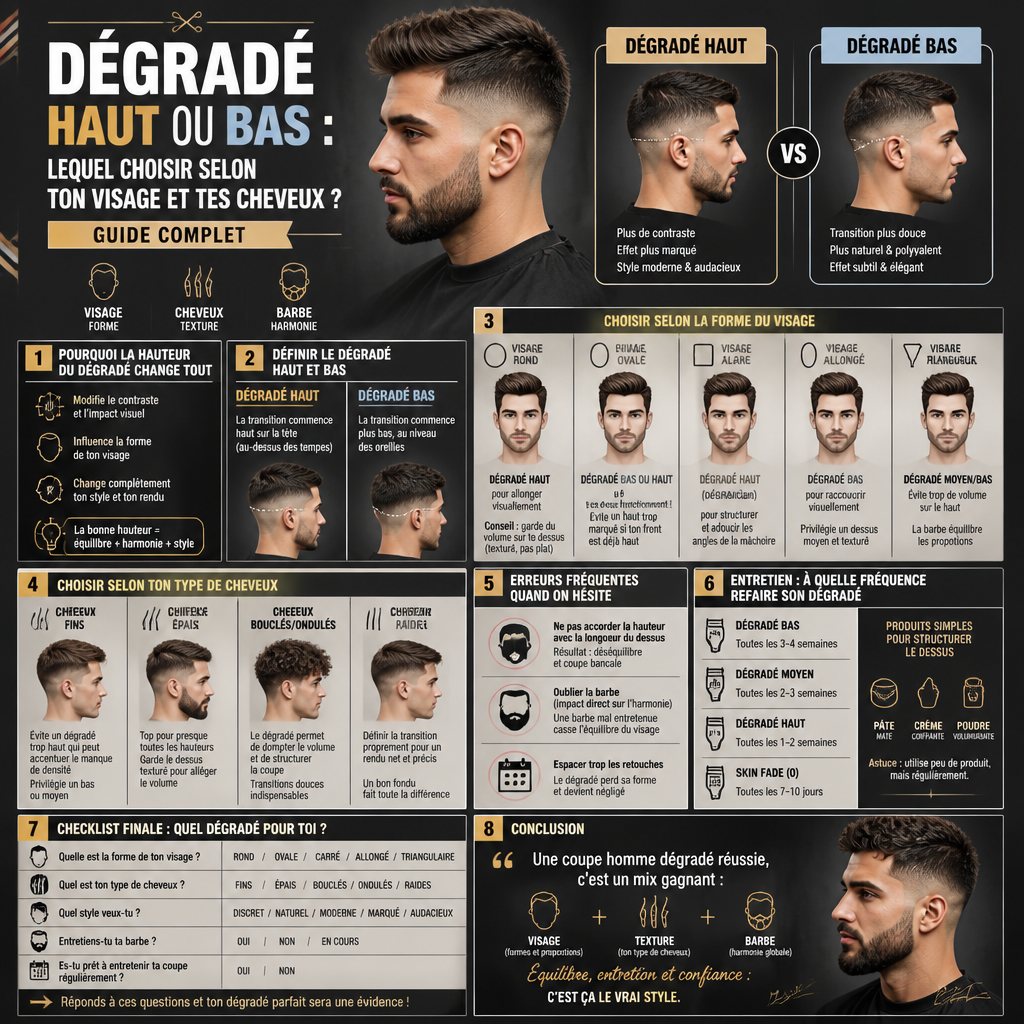 Dégradé haut ou bas : lequel choisir selon ton visage et tes cheveux ? Guide complet + (infograph)