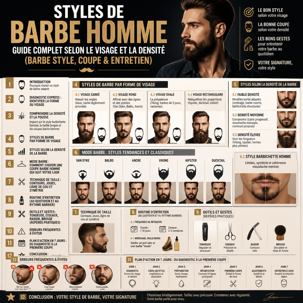 Styles de barbe homme : guide complet selon le visage et la densité (barbe style, coupe & entretien) + (infograph)