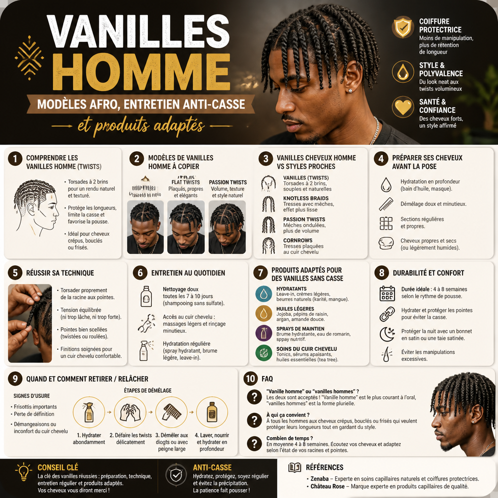 Vanilles homme : modèles afro, entretien anti-casse et produits adaptés + (infograph)