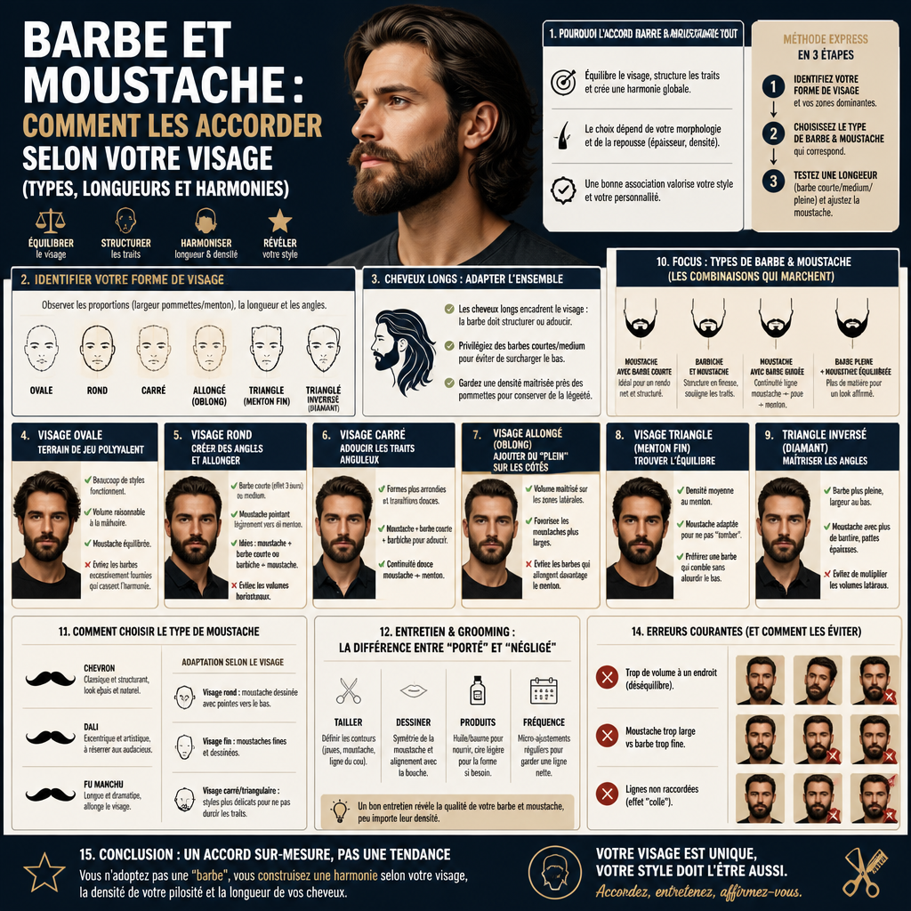 Barbe et moustache : comment les accorder selon votre visage (types, longueurs et harmonies) + (infograph)