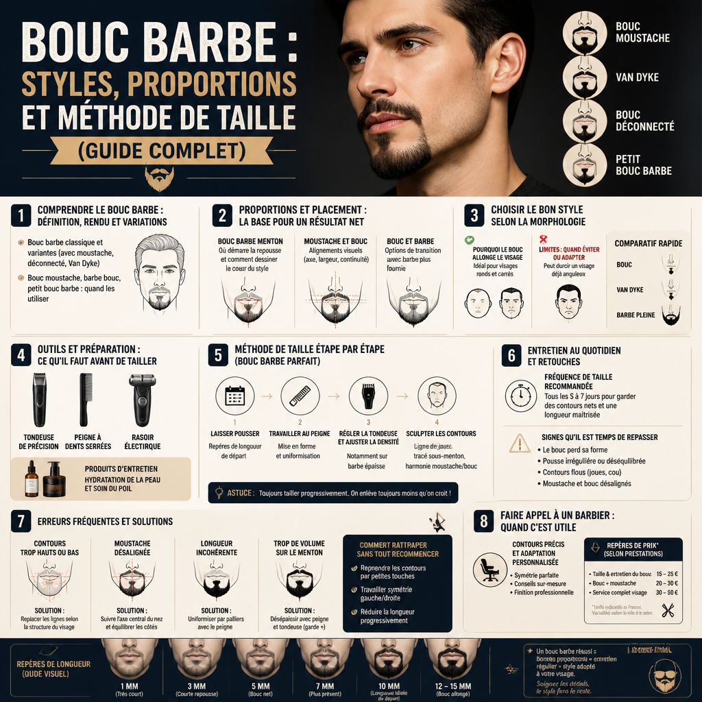 Bouc barbe : styles, proportions et méthode de taille (guide complet) + (infograph)