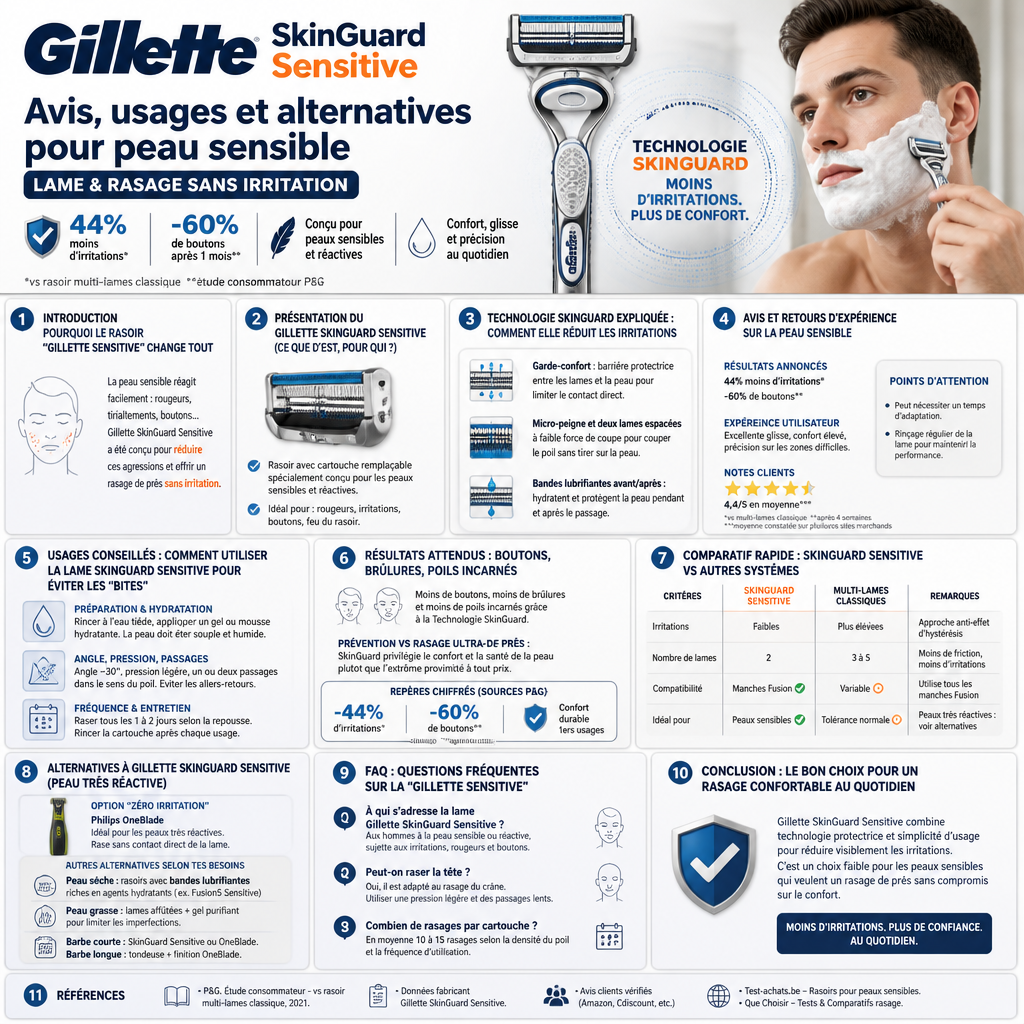 Gillette SkinGuard Sensitive : avis, usages et alternatives pour peau sensible (lame & rasage sans irritation) + infograph