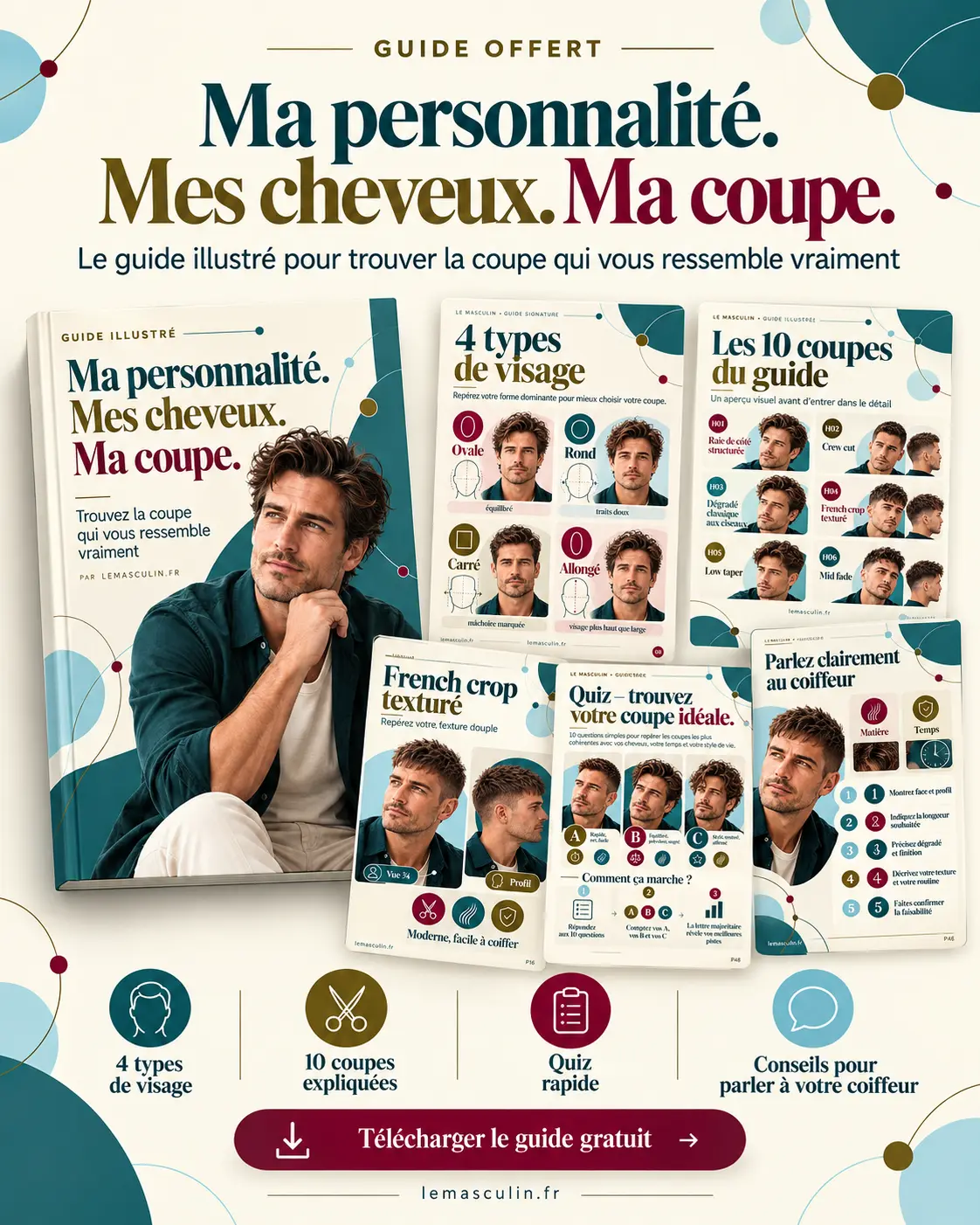 Aperçu du guide illustré Ma personnalité, mes cheveux, ma coupe : types de visage, dix coupes, quiz et conseils coiffure.