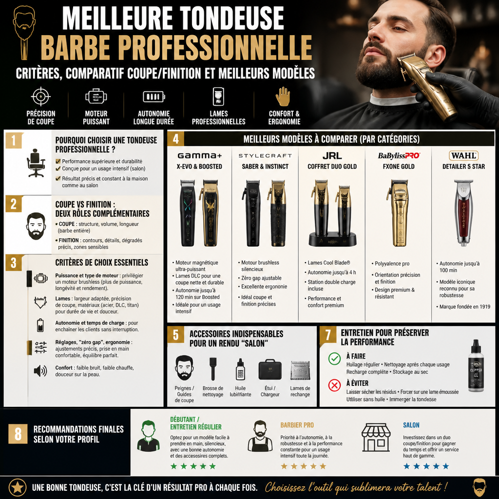 Meilleure tondeuse barbe professionnelle : critères, comparatif coupe/finition et meilleurs modèles + (infograph)