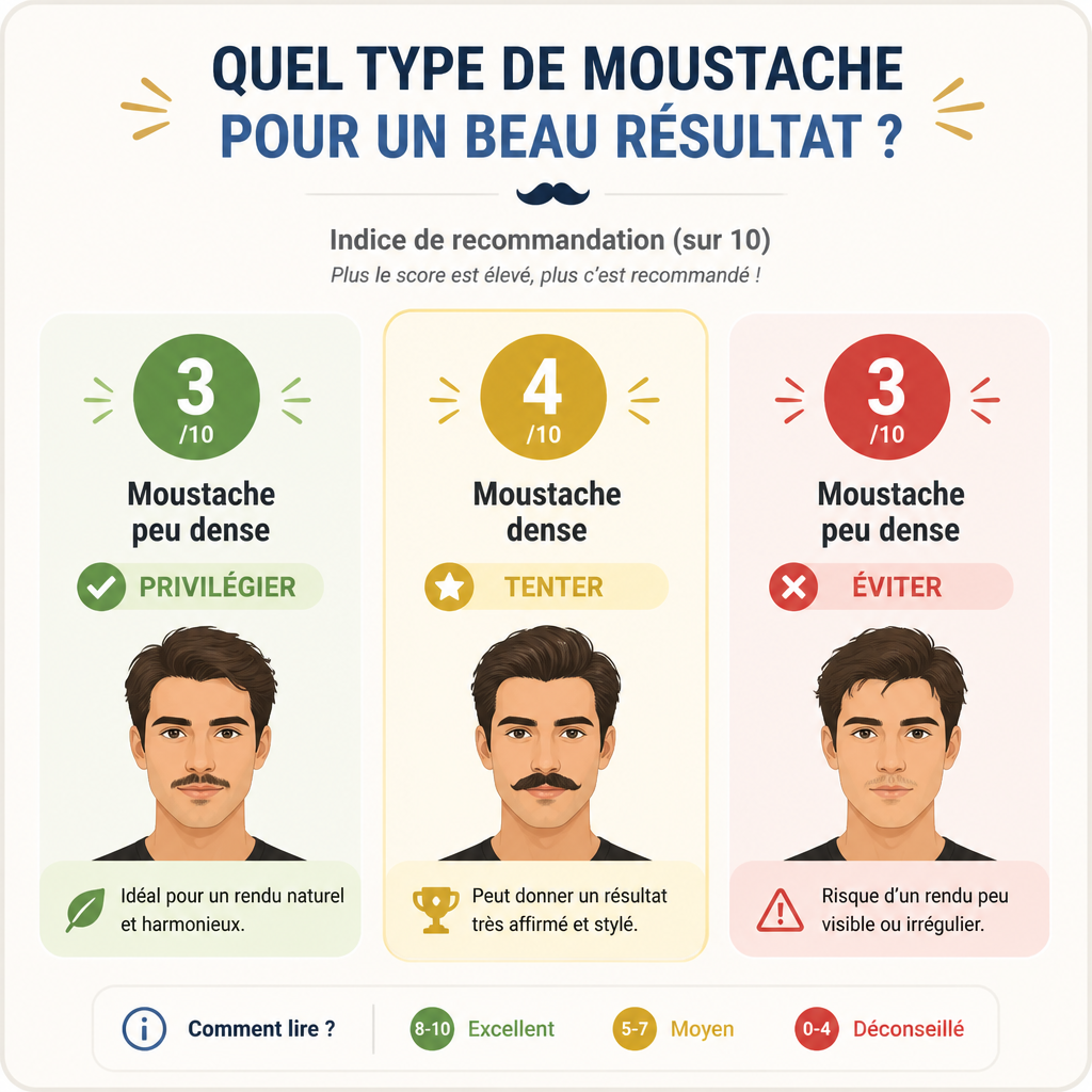 Nombre de moustaches adaptées selon la densité de pilosité