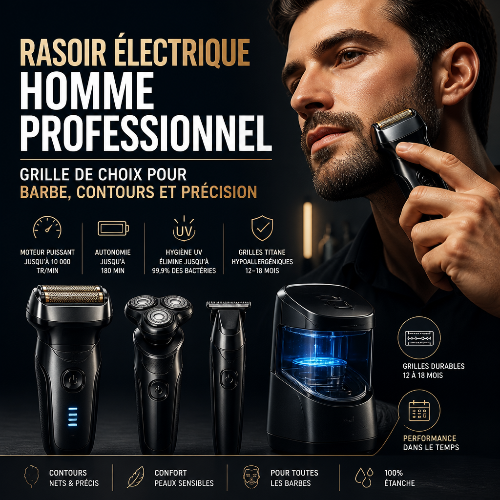 Rasoir électrique homme professionnel : grille de choix pour barbe, contours et précision + (banner)
