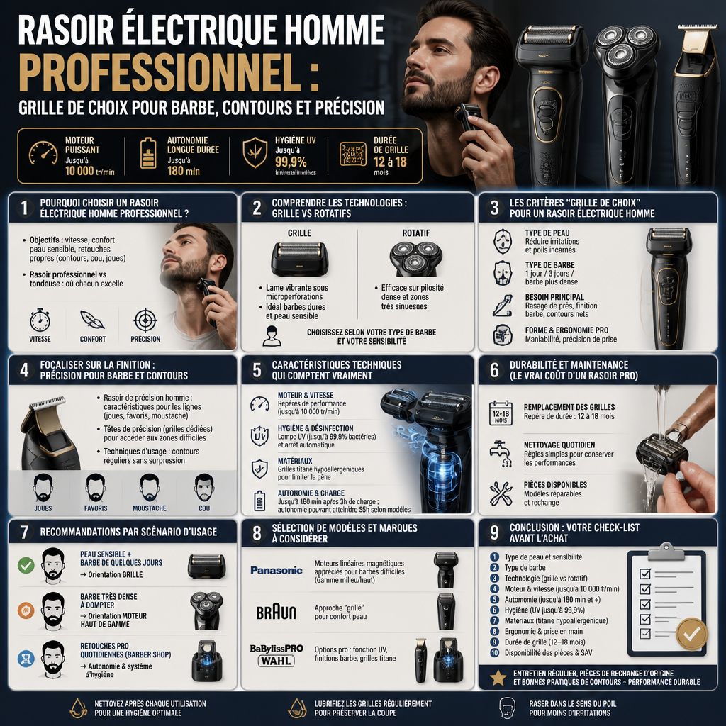 Rasoir électrique homme professionnel : grille de choix pour barbe, contours et précision + (infograph)