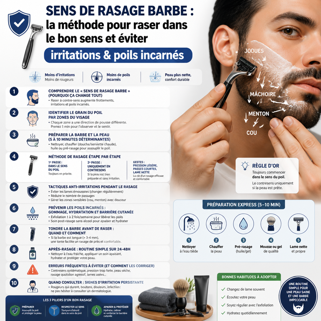 Sens de rasage barbe : la méthode pour raser dans le bon sens et éviter irritations & poils incarnés + (infograph)