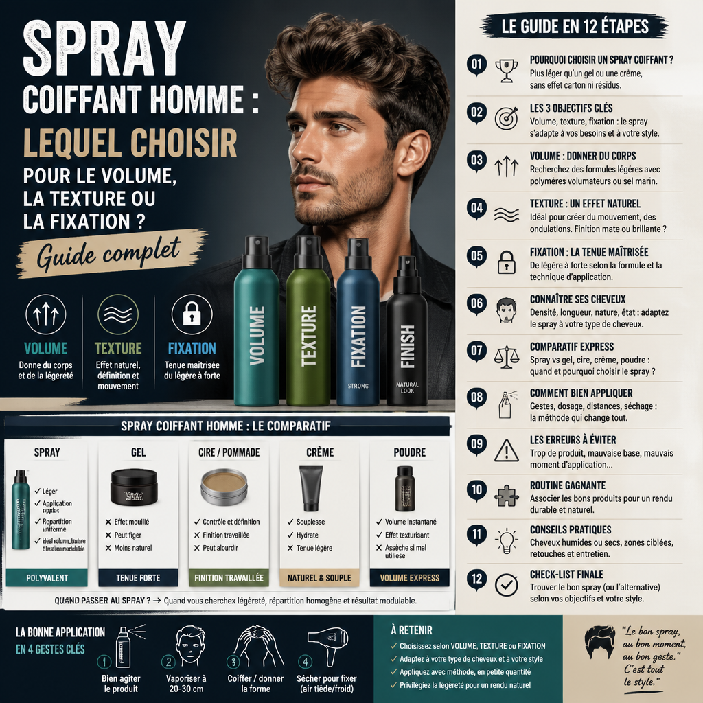 Spray coiffant homme : lequel choisir pour le volume, la texture ou la fixation ? Guide complet + (infograph)