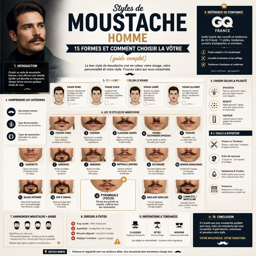 Styles de moustache homme : 15 formes et comment choisir la vôtre (guide complet) + (infograph)