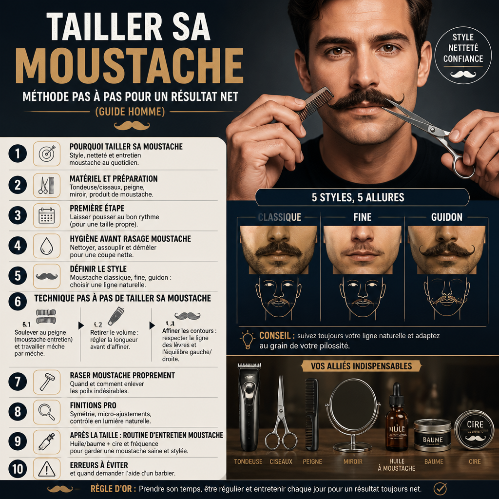 Tailler sa moustache : méthode pas à pas pour un résultat net (guide homme) + (infograph)