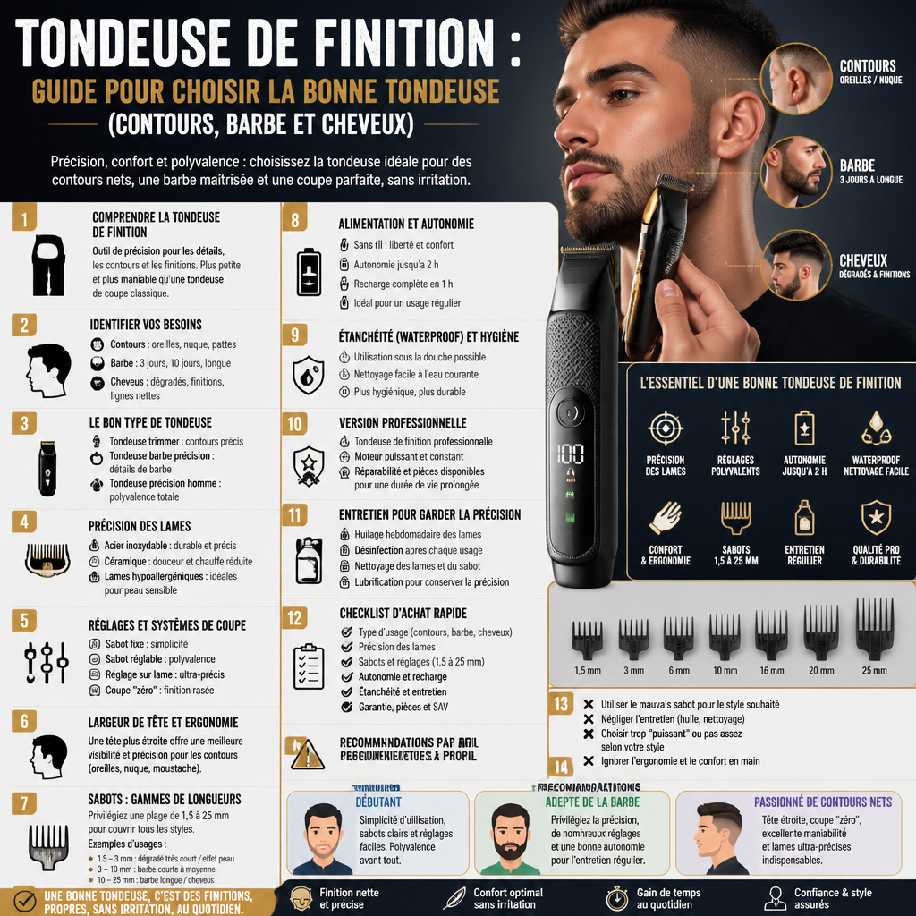 Tondeuse de finition : guide pour choisir la bonne tondeuse (contours, barbe et cheveux) + (infograph)