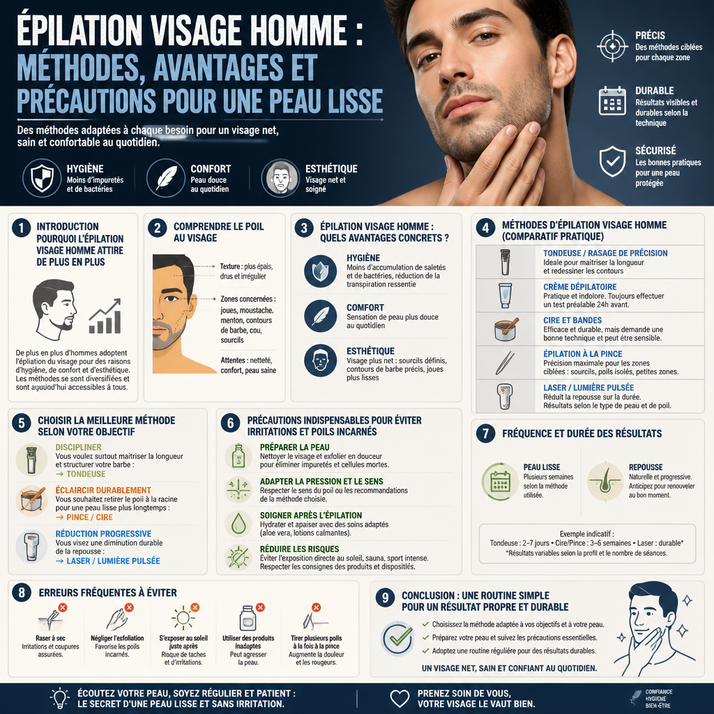 Épilation visage homme : méthodes, avantages et précautions pour une peau lisse + (infograph)